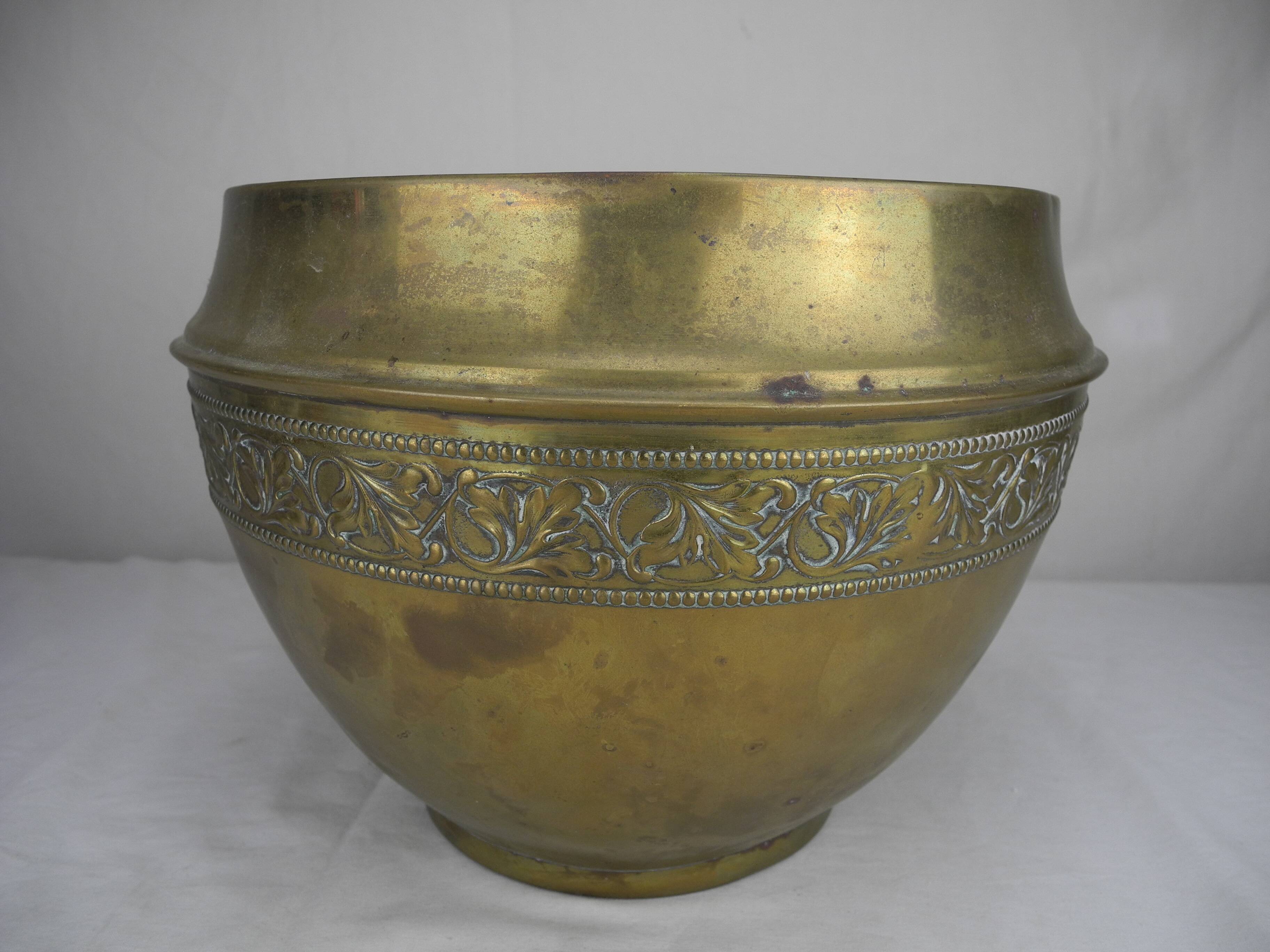 large old brass flower pot, gilded shabby decor, old brass flowers pot