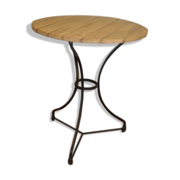 Ancienne table de bistrot en fer et plateau en chêne