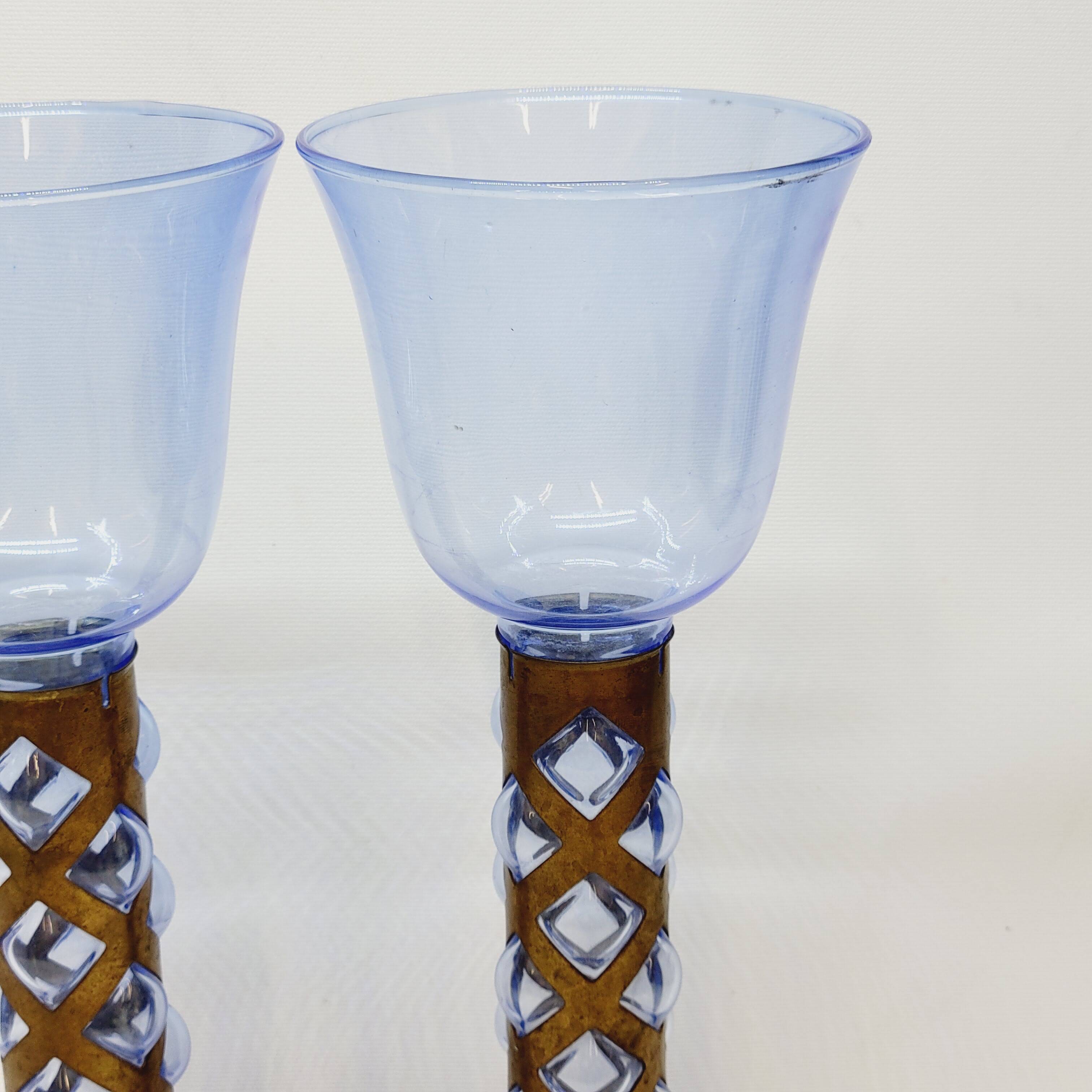 Pair Of Blue Glass Tealight Holders Blown In Cage Dlg Felipe Derflingher