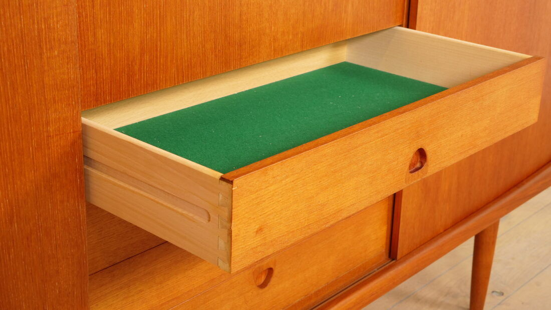 Vintage cabinet | Danish highboard | sliding doors | Bramin | 225 cm
