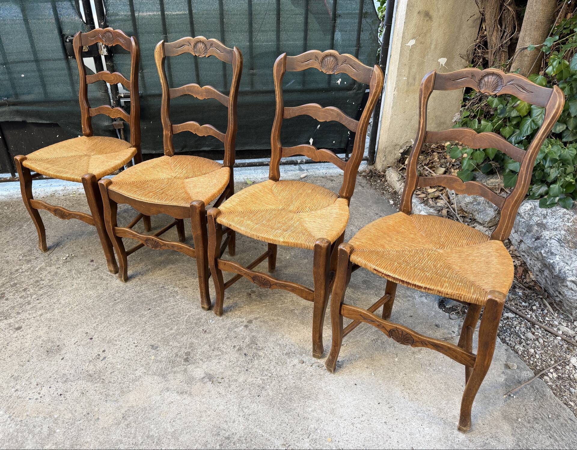 Set of 4 Provençal oak chairs with rush seats.