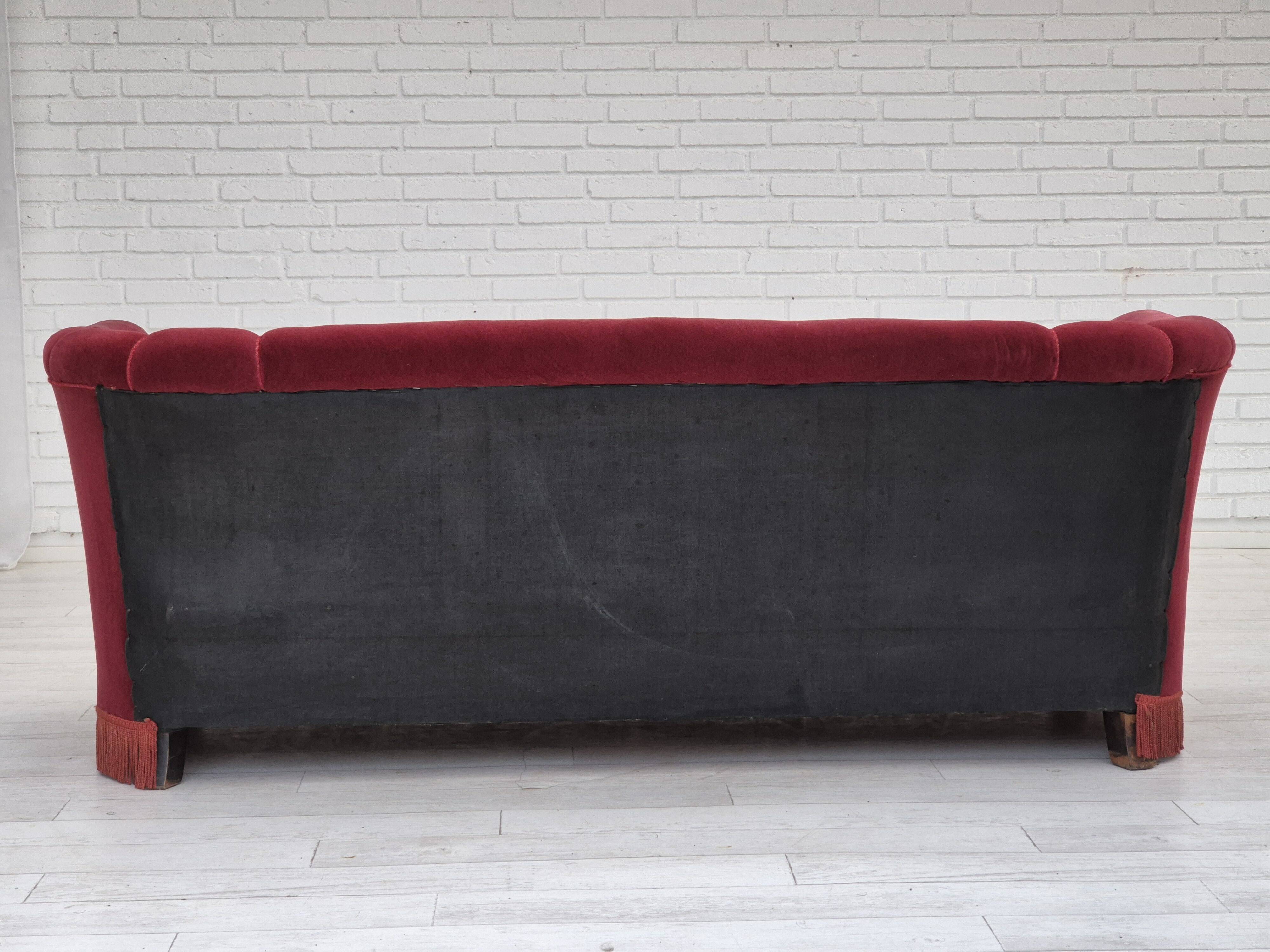 1960s, Danish 3 seater sofa, original condition, cherry-red furniture velour.