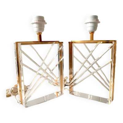Paire de lampe de Table Lucite et dorure , Italie 1970