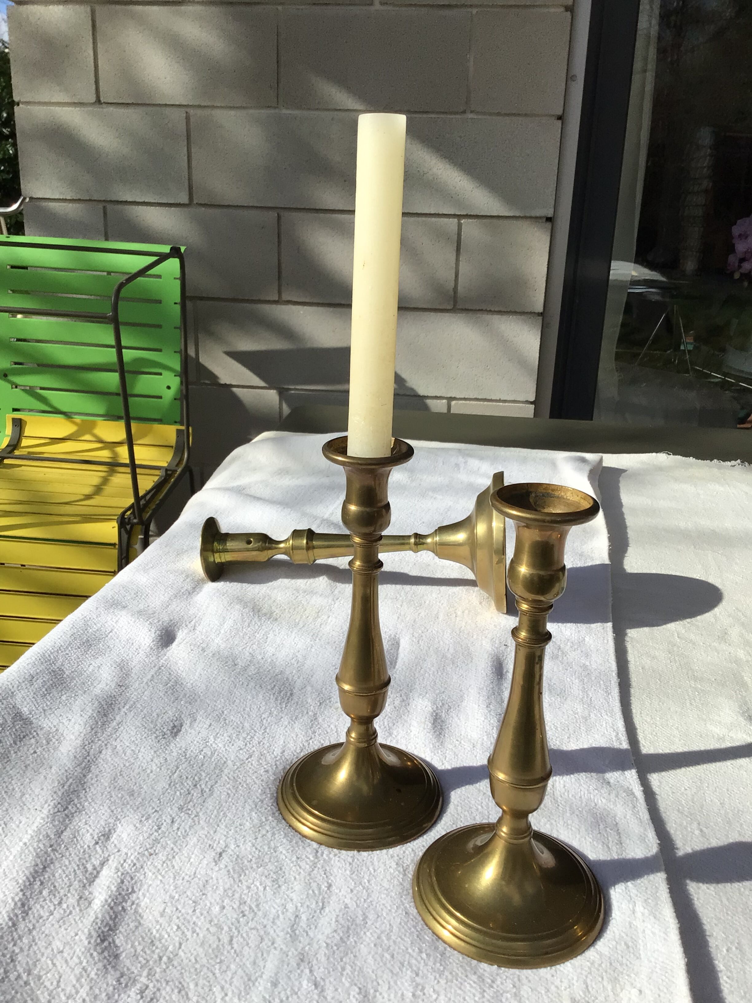 Pair of dark brass candle holders height 19,5cm