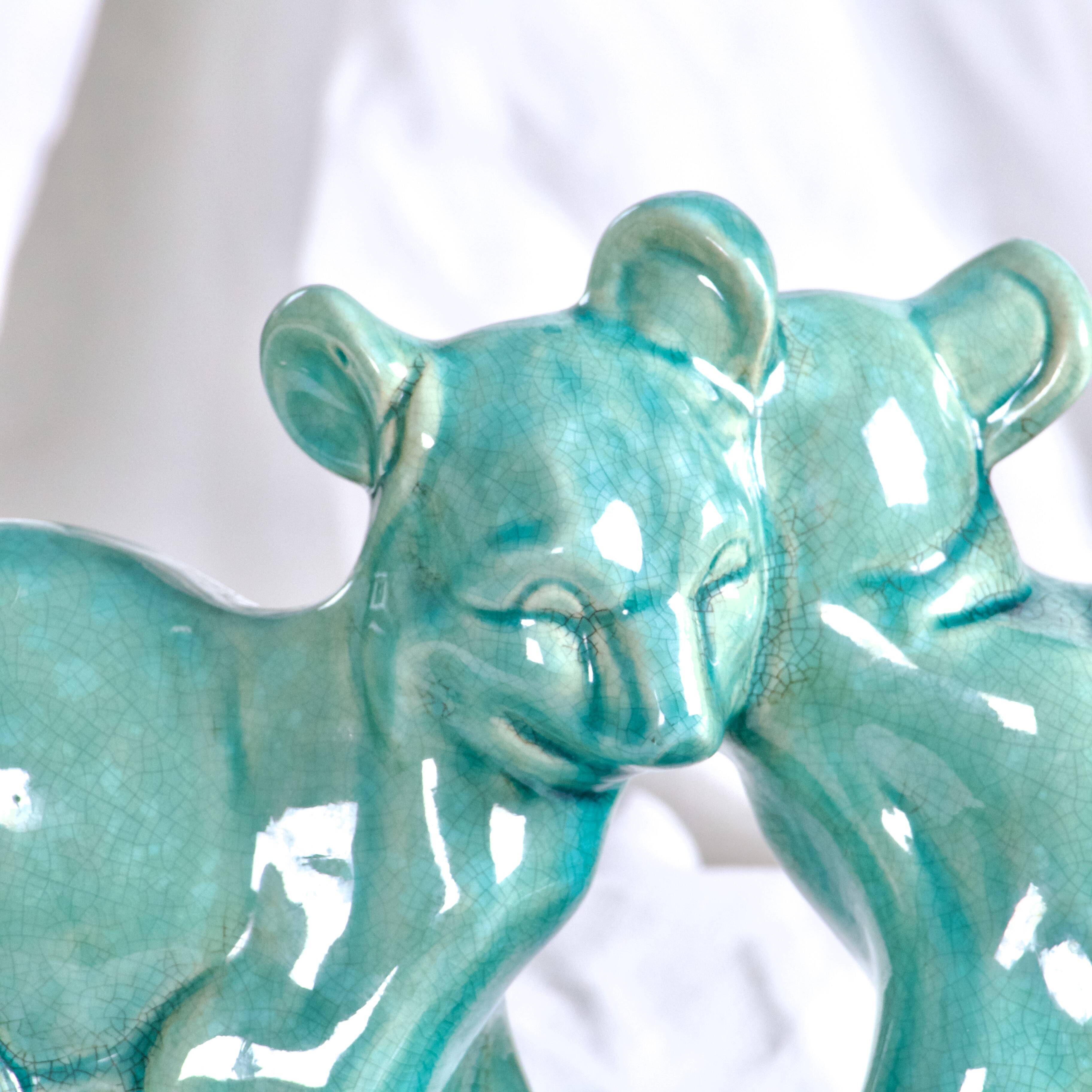 Art Deco Cracked Ceramic Teddy Bear Statue by LV Ceram