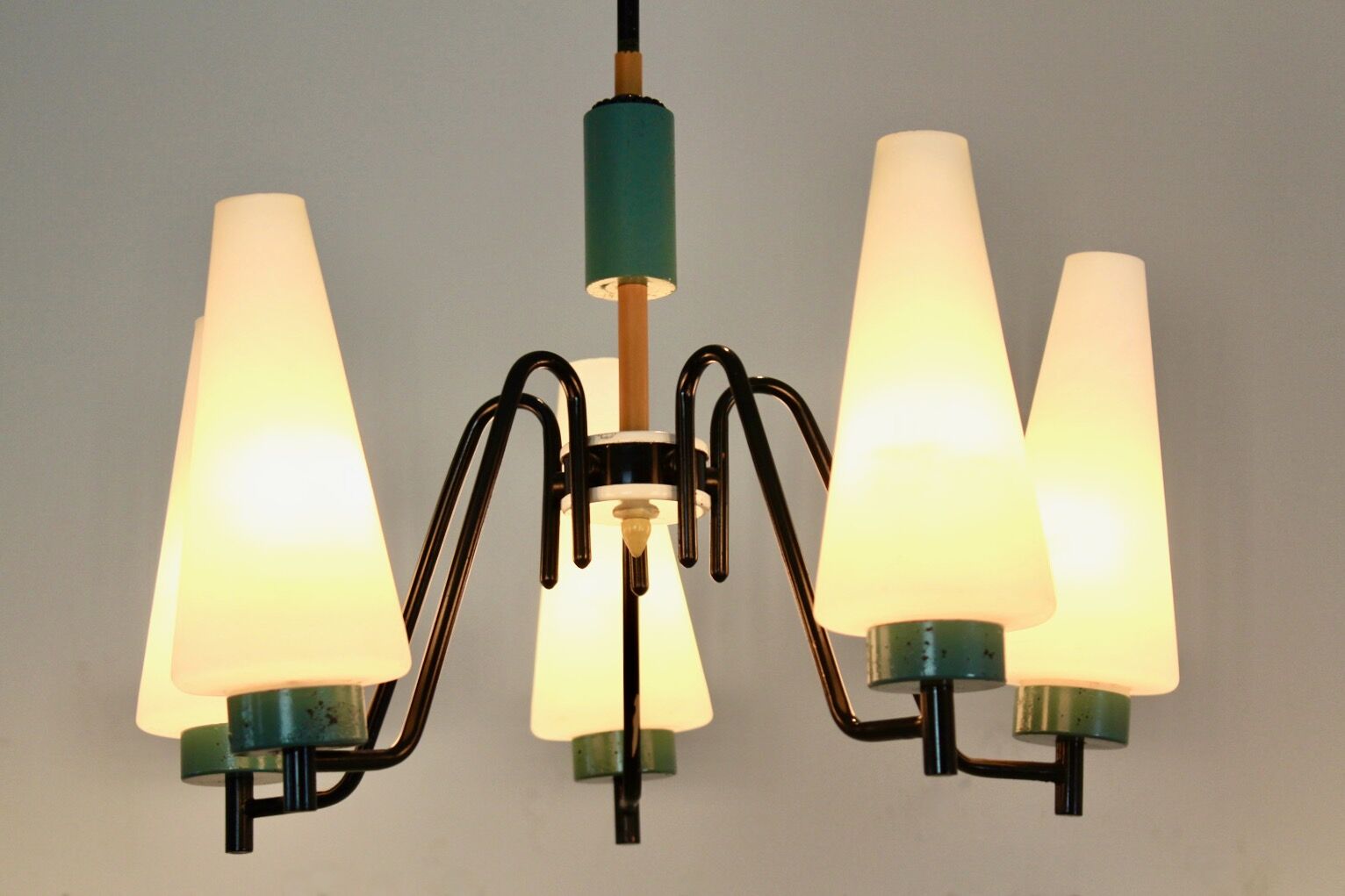 Dutch suspension lamp in wood steel and opaline glass