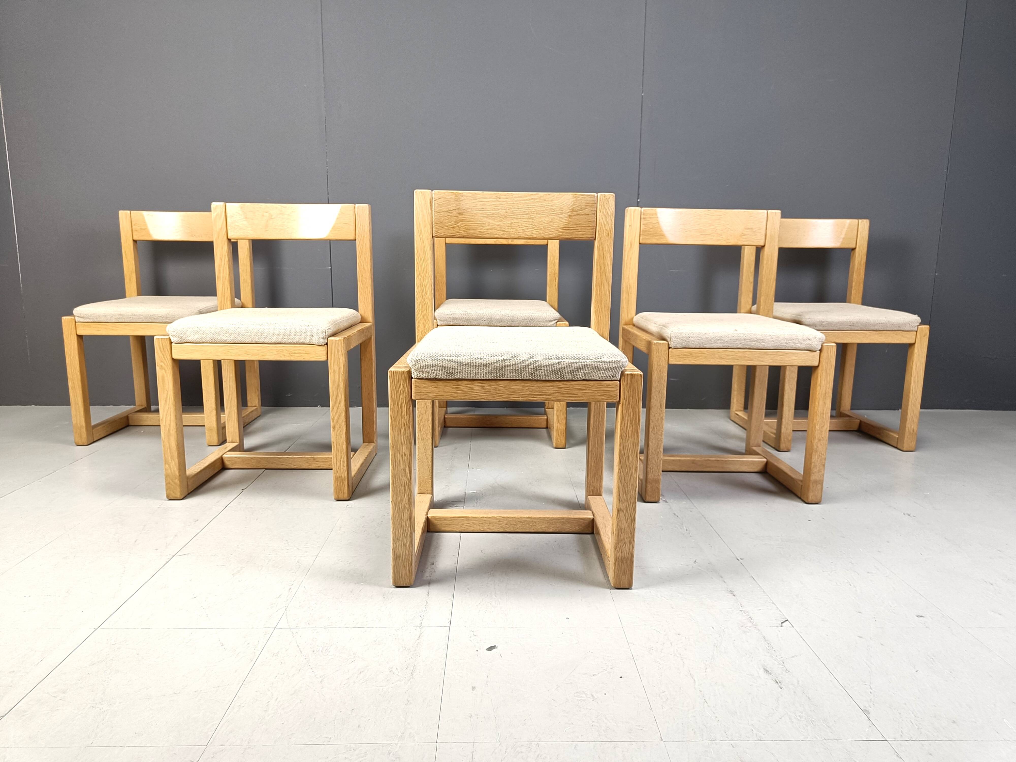 6 Brutalist oak and grey fabric dining chairs, 1970s