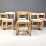6 Brutalist oak and grey fabric dining chairs, 1970s