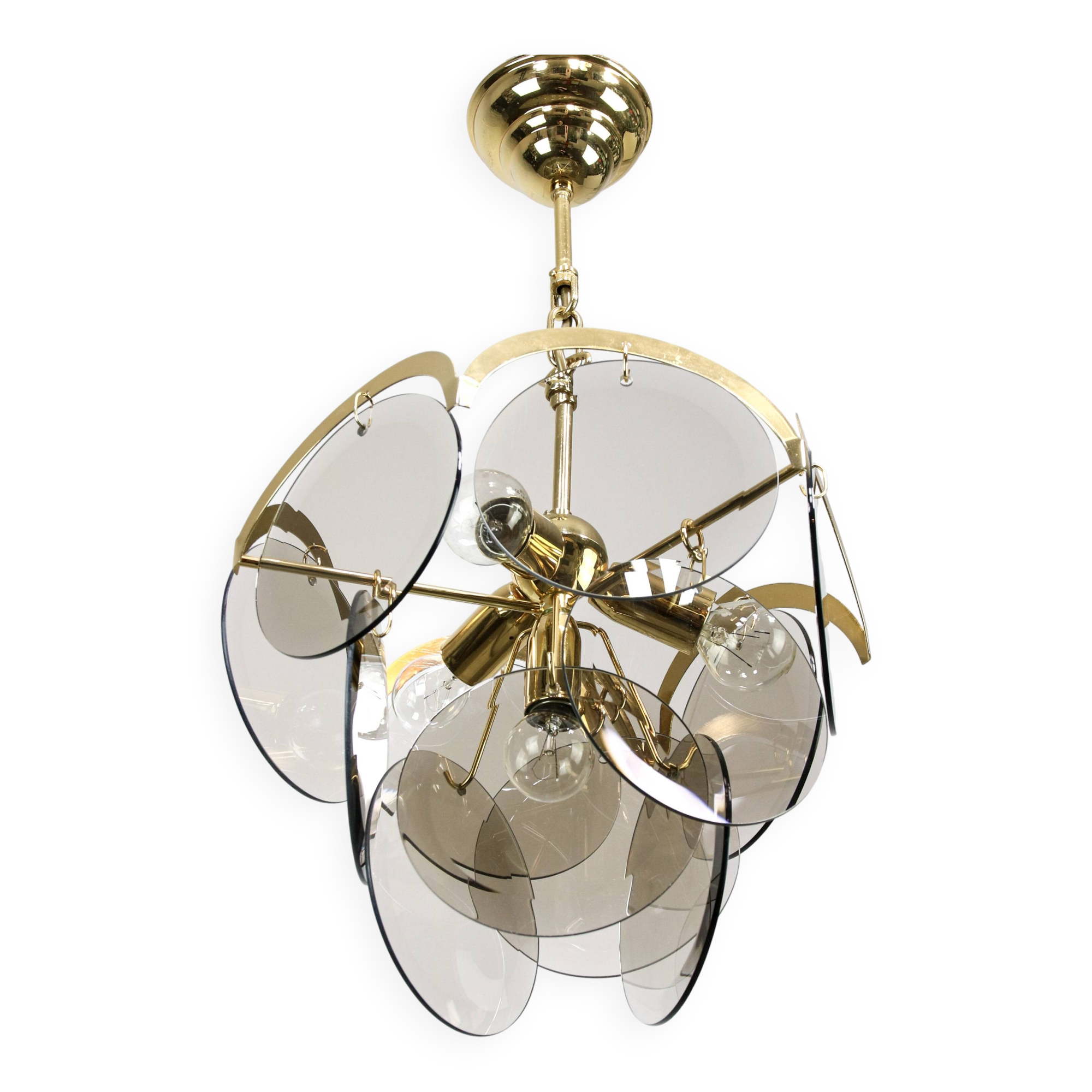 Vintage Vistosi Chandelier: Gold & Smoked Glass, Italian Mid-Century Lighti