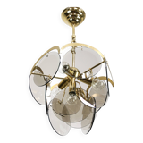 Vintage Vistosi Chandelier: Gold & Smoked Glass, Italian Mid-Century Lighti