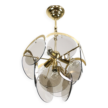 Vintage Vistosi Chandelier: Gold & Smoked Glass, Italian Mid-Century Lighti