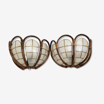 Pair of rattan and mother-of-pearl wall sconces
