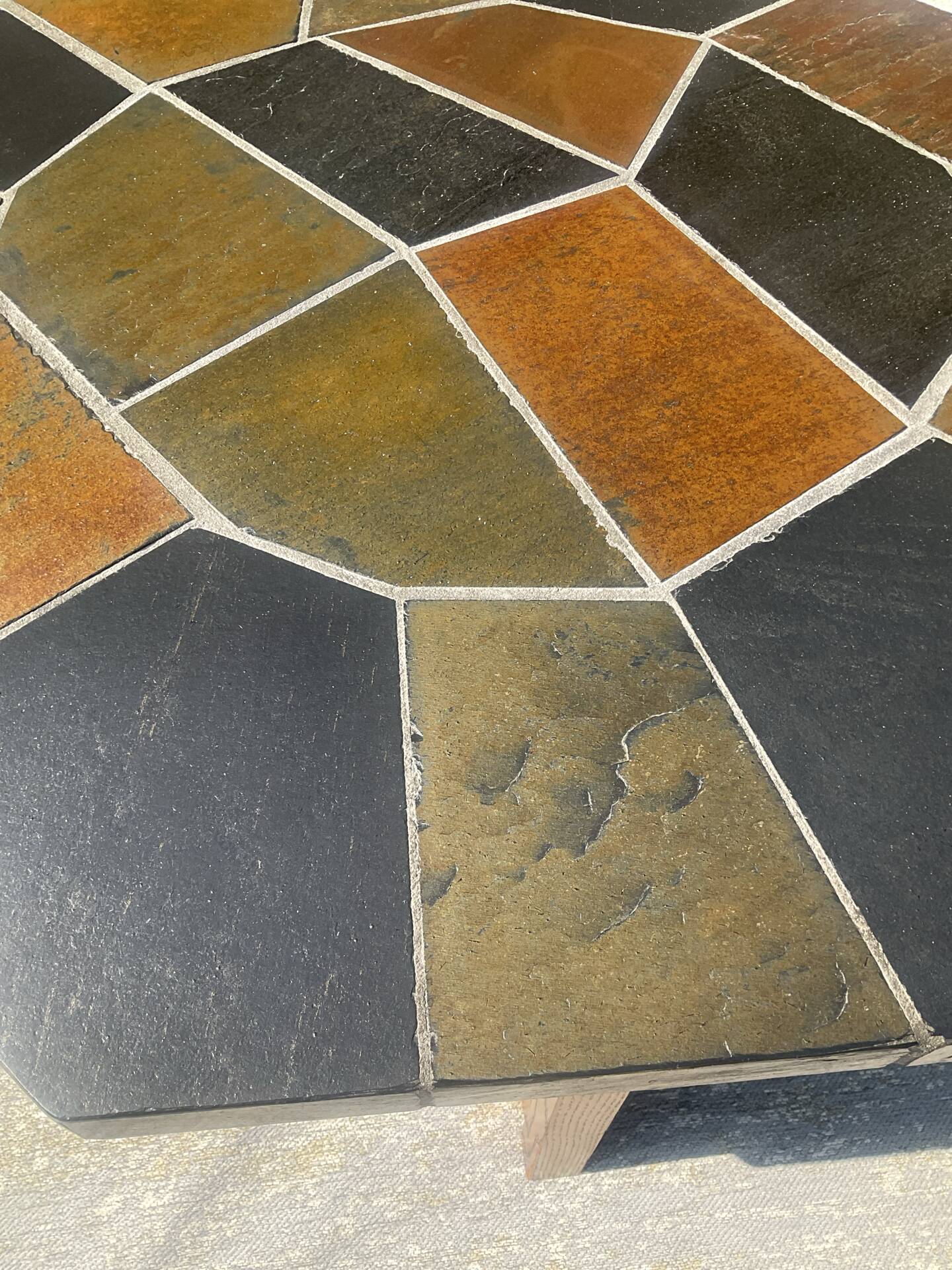 Brutalist octagonal coffee table from the 1970s in solid oak and slate.