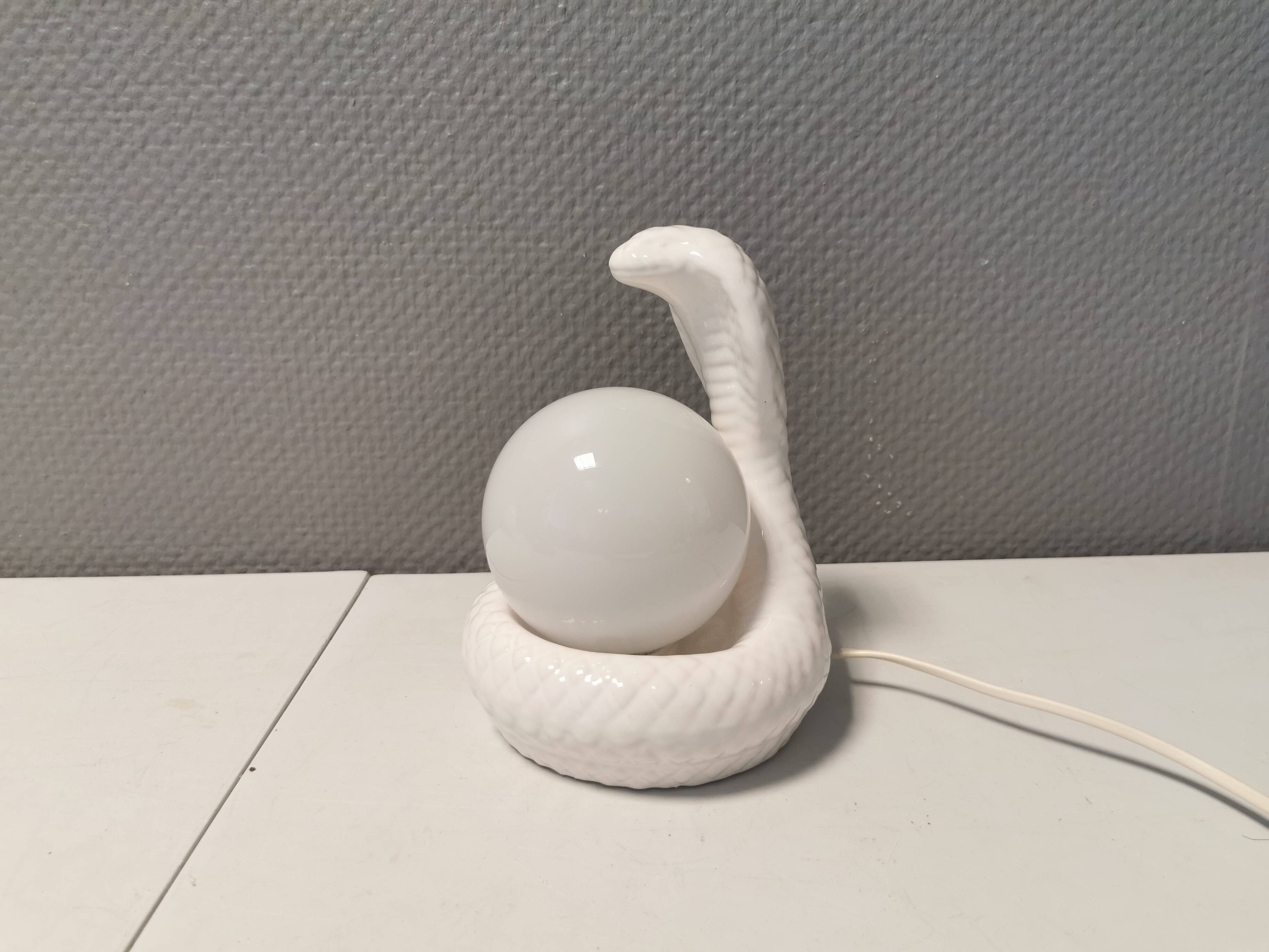 Beautiful vintage ceramic COBRA table lamp with thin milky white glass shade/dome. RAF Sweden 70-80s