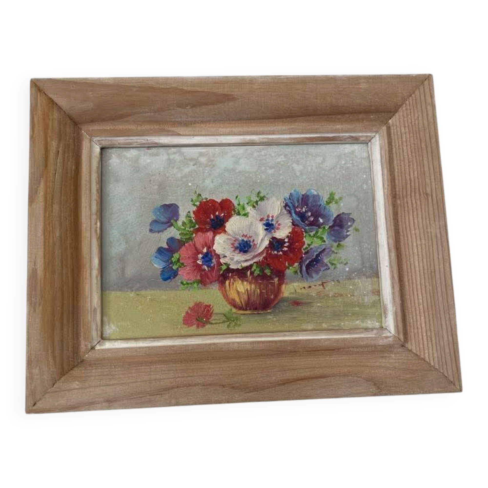 Painting on panel: bouquet of anemones in a vase.