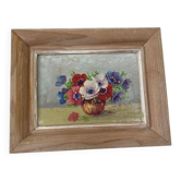 Painting on panel: bouquet of anemones in a vase.