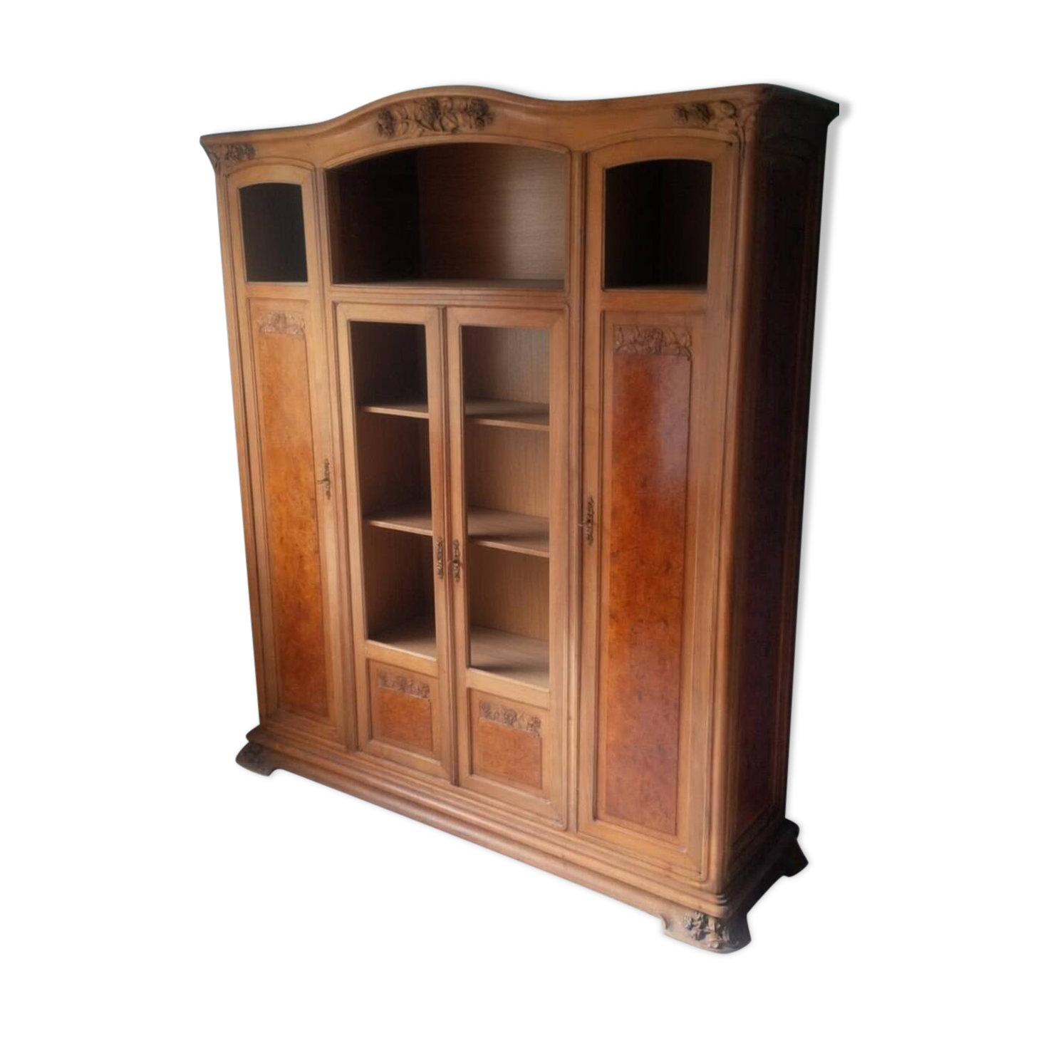 Art Nouveau glass library in walnut burl