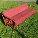 Vintage Scandinavian sofa 60-70s wood and red fabric