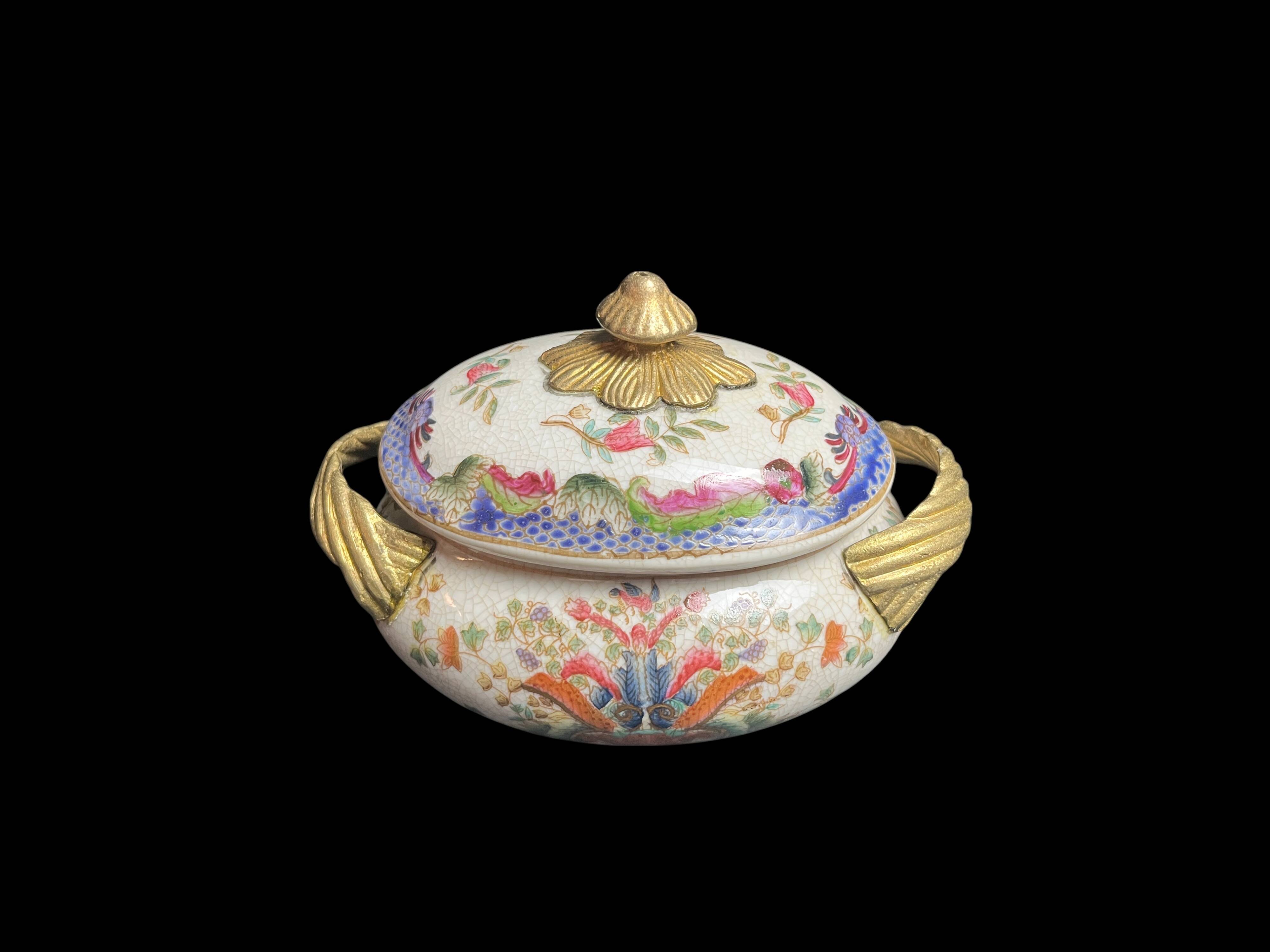 Cracked ceramic candy box with floral and gold decoration, 20th century