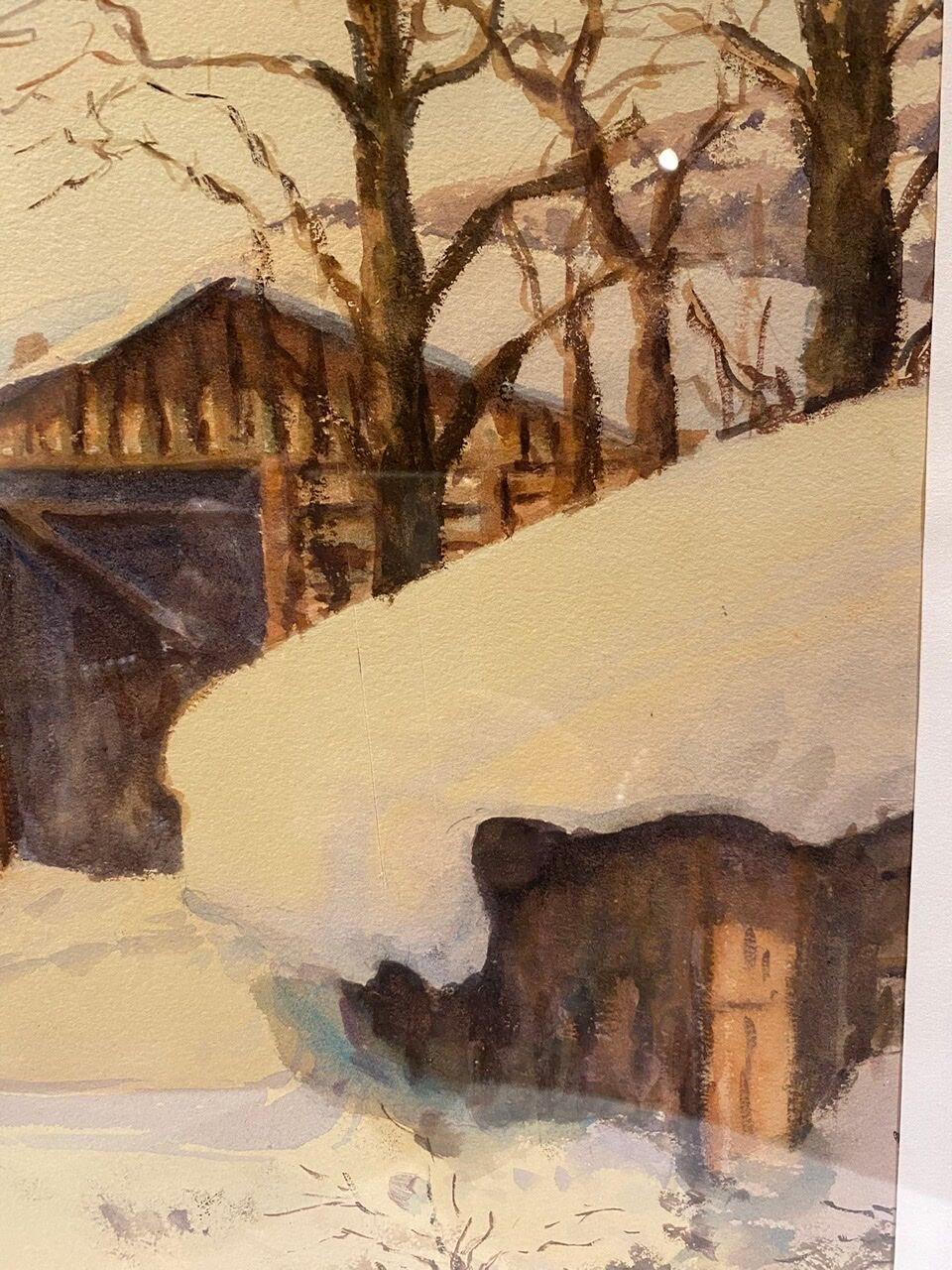 Old painting, snow landscape signed Salanon, mid-20th century