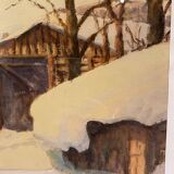 Tableau ancien, paysage de neige signé Salanon  milieu du XX siècle