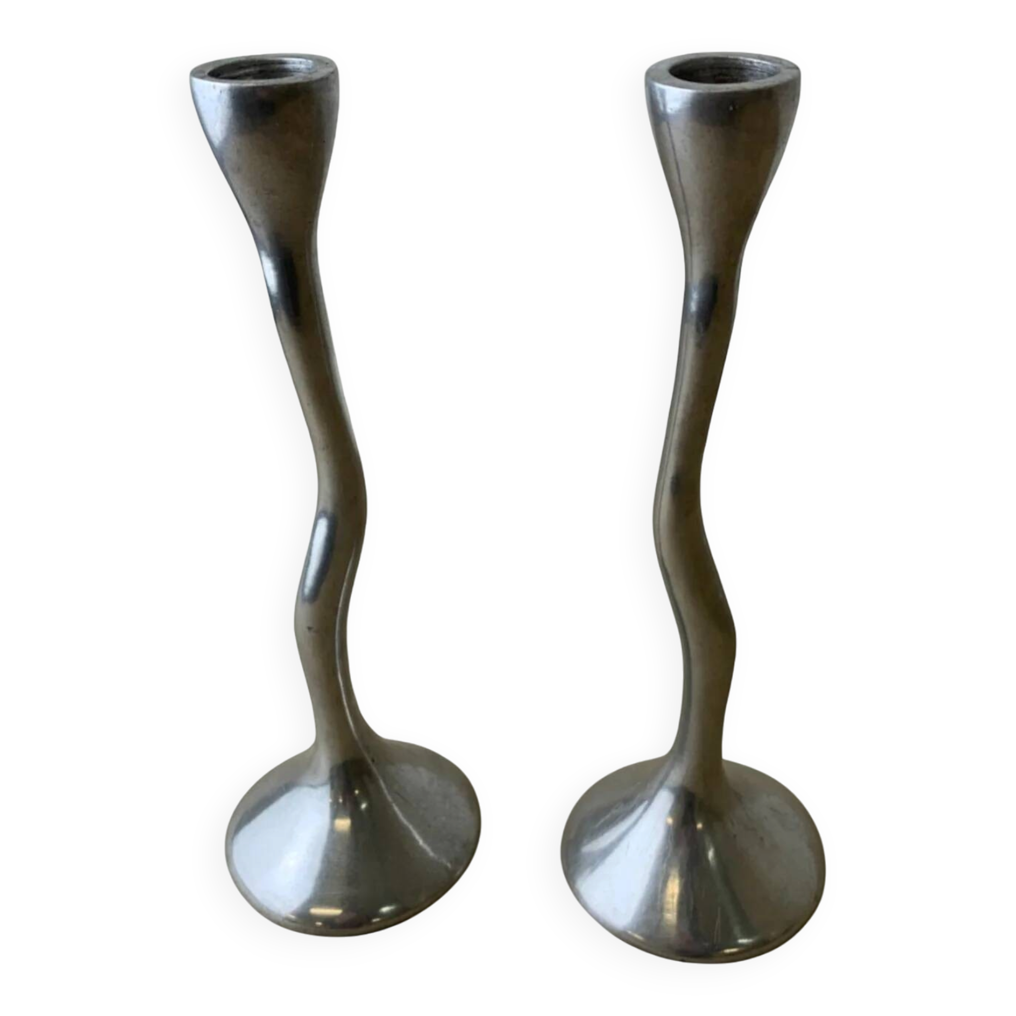 Pair of zigzag candlesticks, solid aluminium, Spain, circa 1980s
