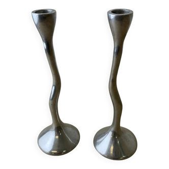 Pair of zigzag candlesticks, solid aluminium, Spain, circa 1980s