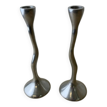 Pair of zigzag candlesticks, solid aluminium, Spain, circa 1980s