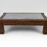 Table basse en chêne massif sculpté de faunes et plateau en marbre gris, France, circa 1940
