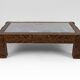 Solid oak coffee table carved with fauns and gray marble top, France, circa 1940