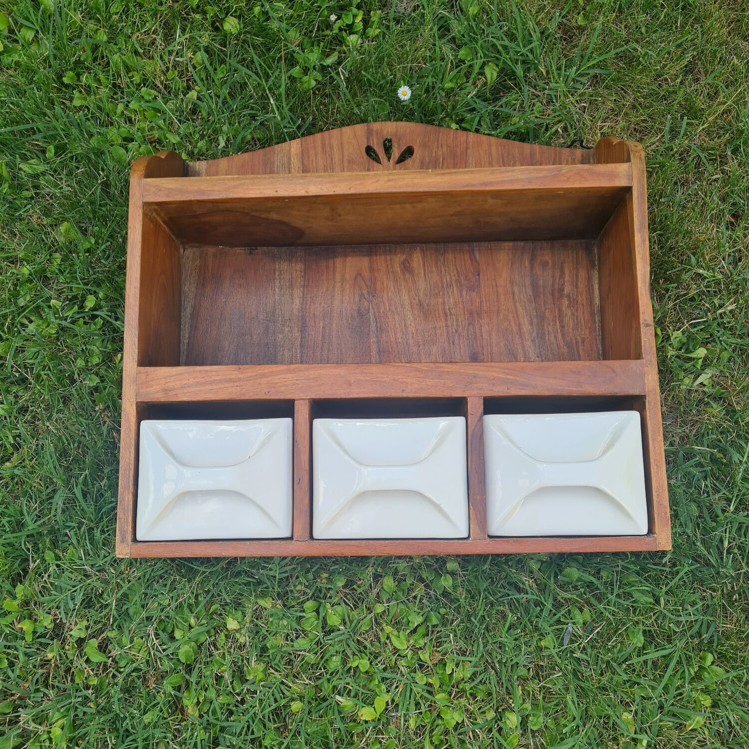 Wooden wall shelf and tiled drawers