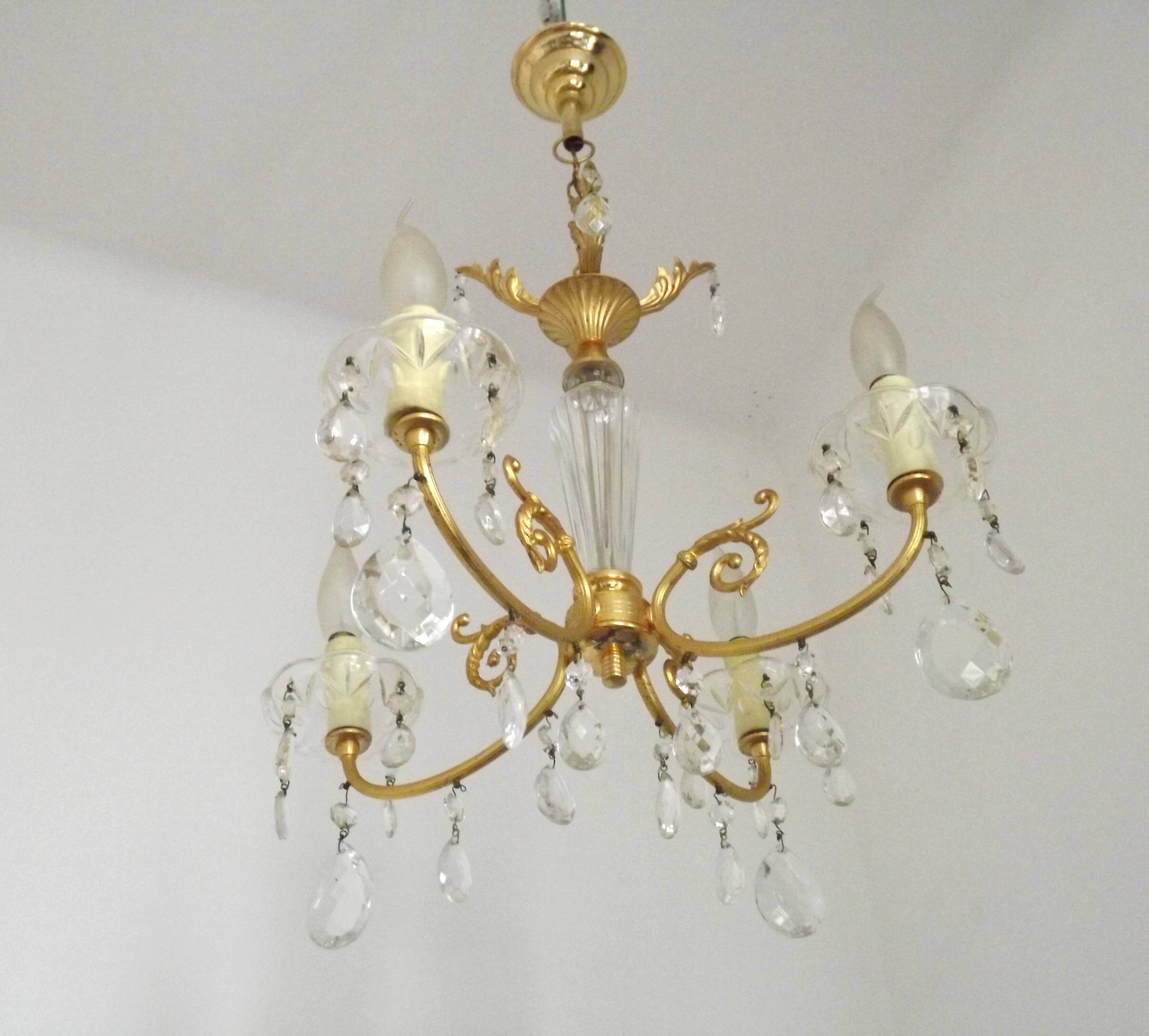 Mid-century brass, glass, and crystal chandelier with 4 lights 5099