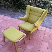Vintage Papa Bear armchair and footstool in green and oak terry fabric 1950s