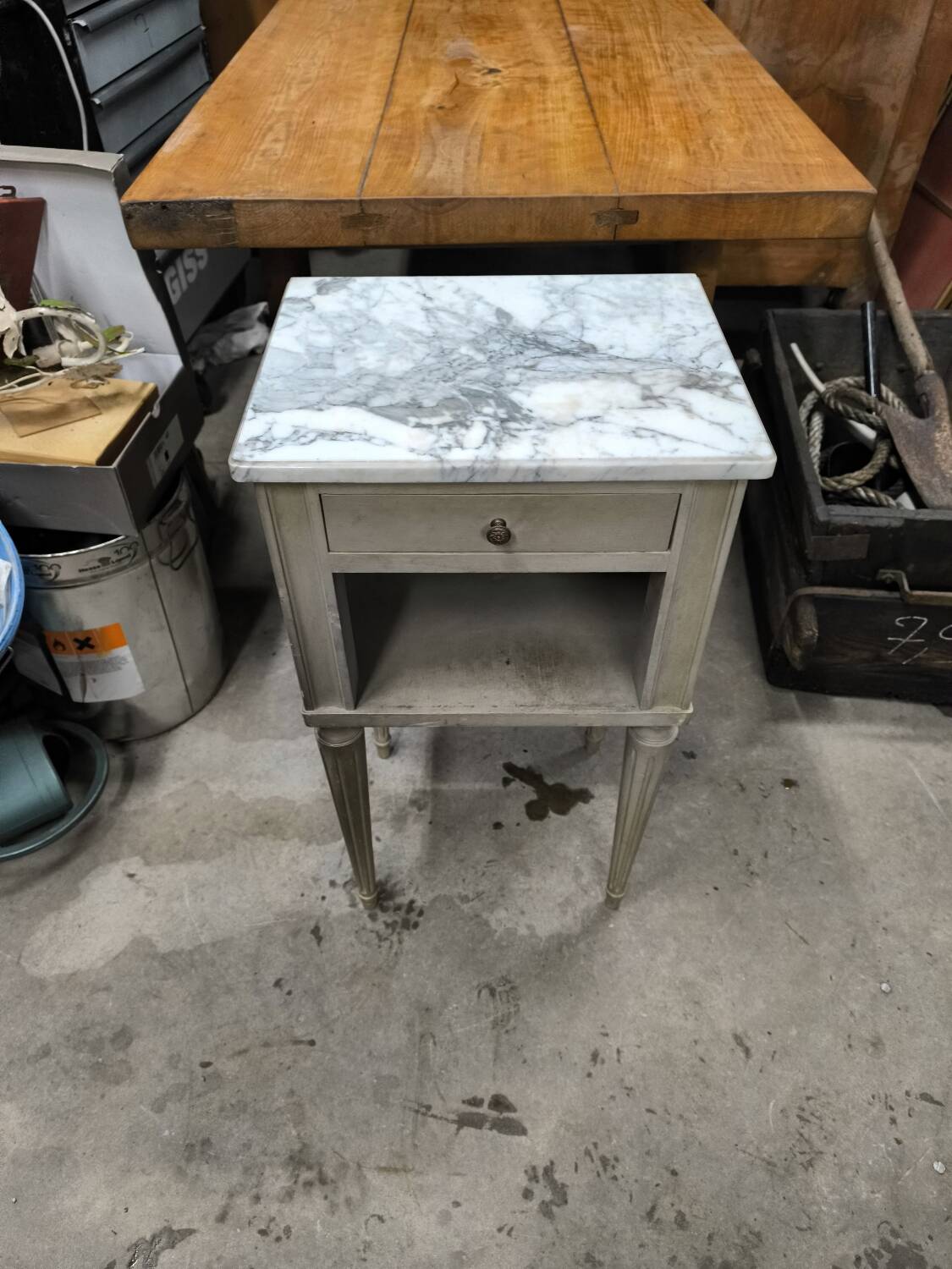 Vintage green patinated bedside table with marble and drawer