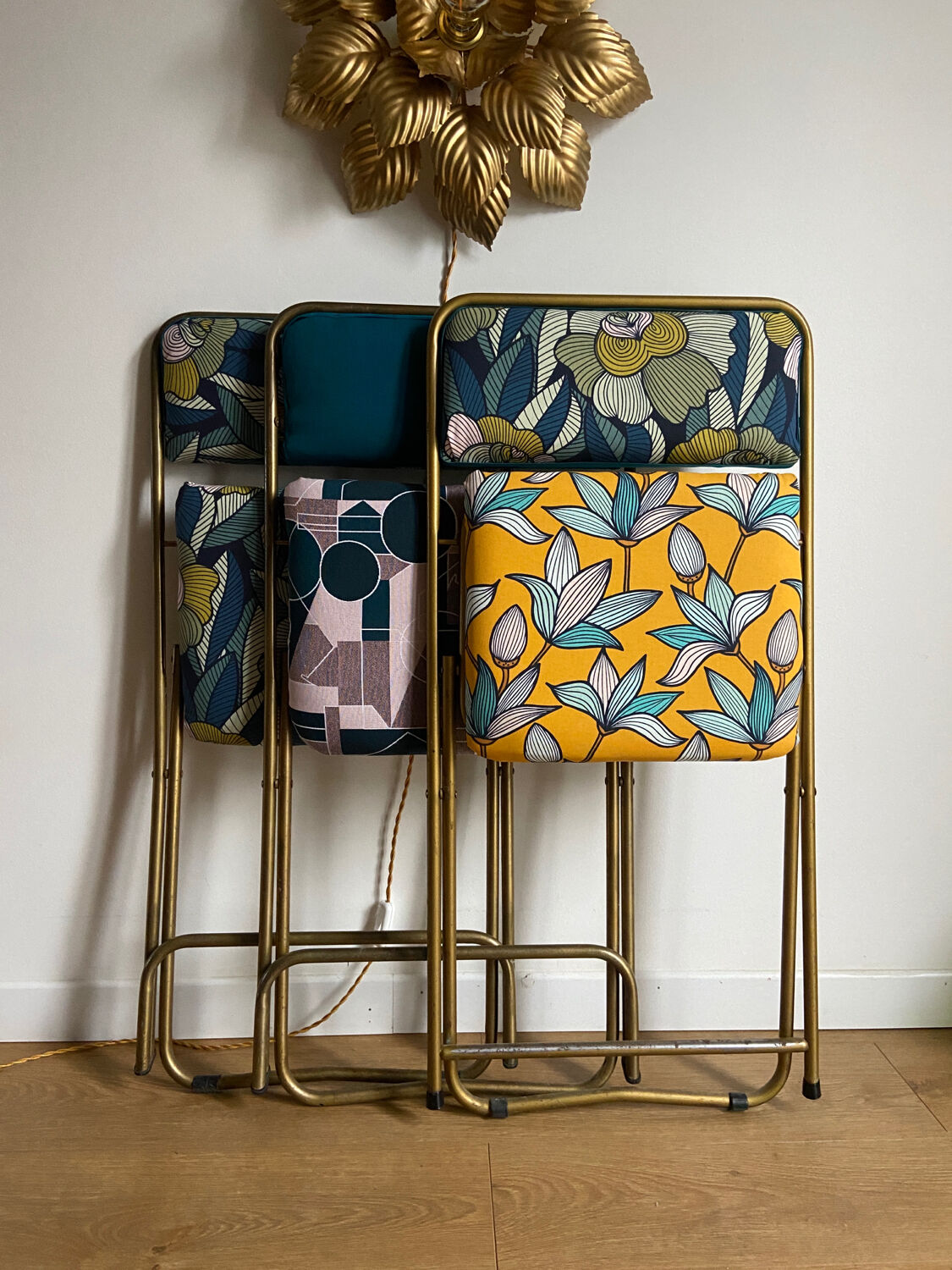 Vintage folding chair lafuma revisited yellow and blue floral fabrics