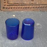 Peacock pattern liqueur decanter and 4 small vintage cobalt blue glasses