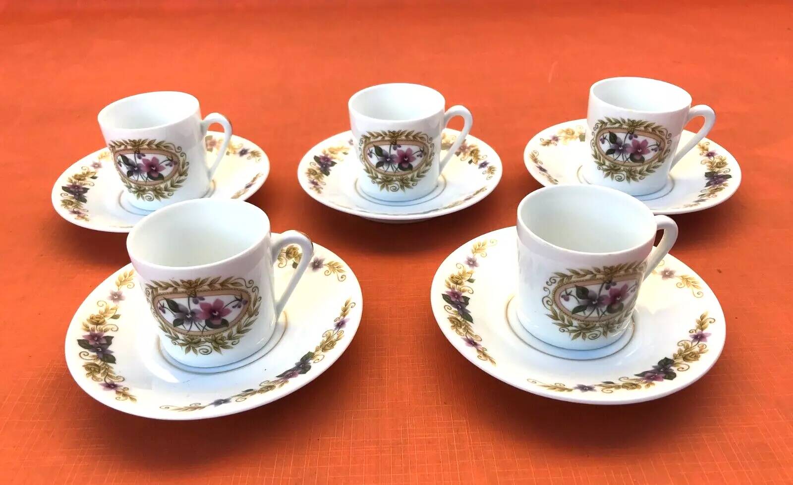5 Limoges Porcelain Coffee Cups / Saucers BM French Porcelain