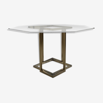 Table octogonale en verre et laiton années 70