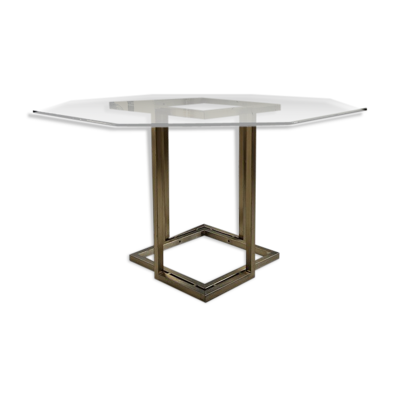 Table octogonale en verre et laiton années 70