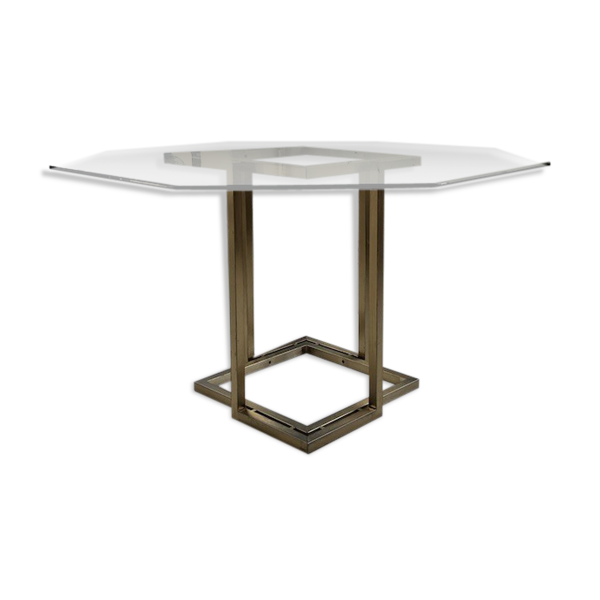 Table octogonale en verre et laiton années 70