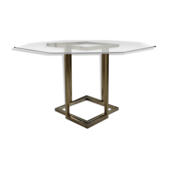 Italy octagonal table 70s glass and brass