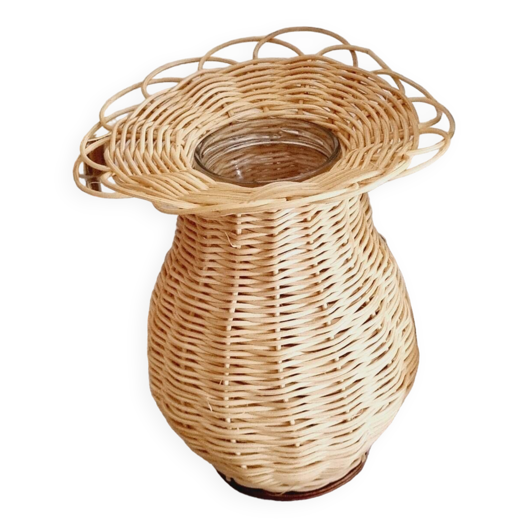 Flower-shaped wicker and glass vase