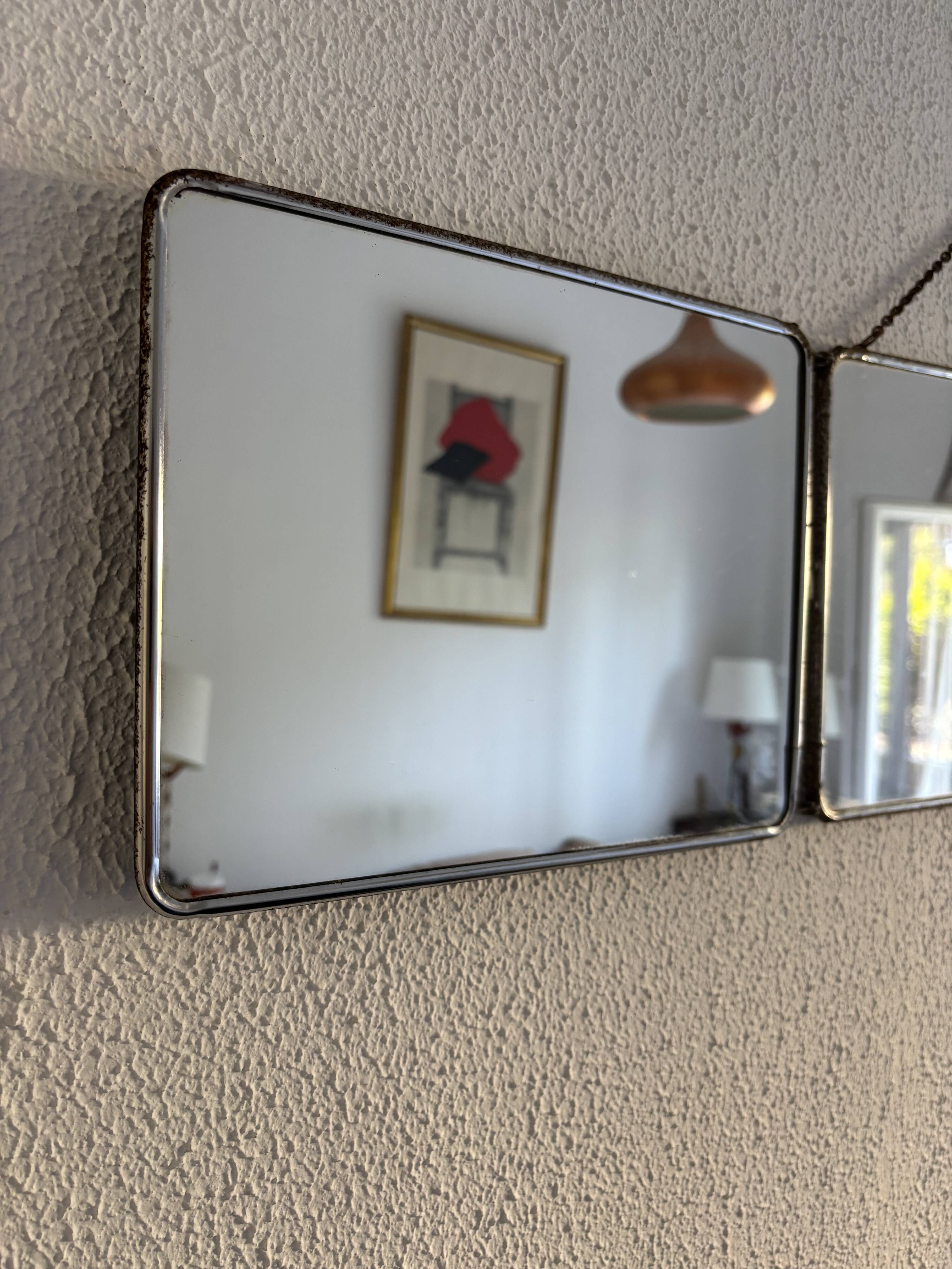 Vintage 1950s triptych barber mirror in duck blue - 22 x 86 cm
