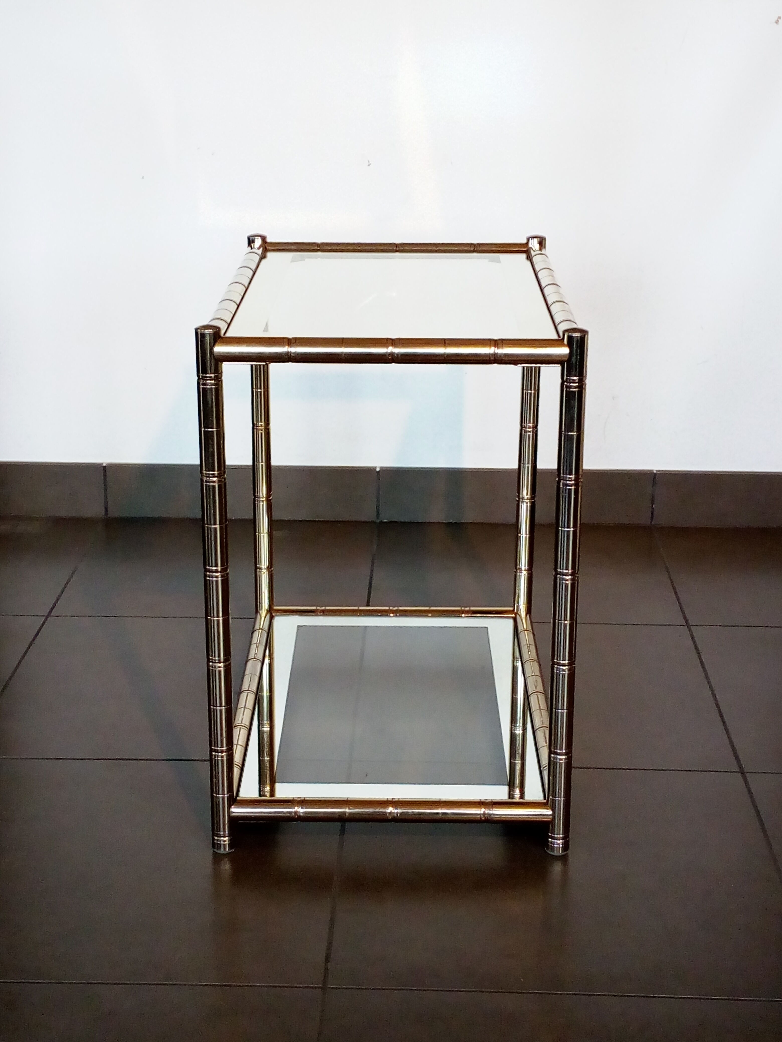 House lancel vintage. side table double trays, in gilded brass bamboo way. tbe