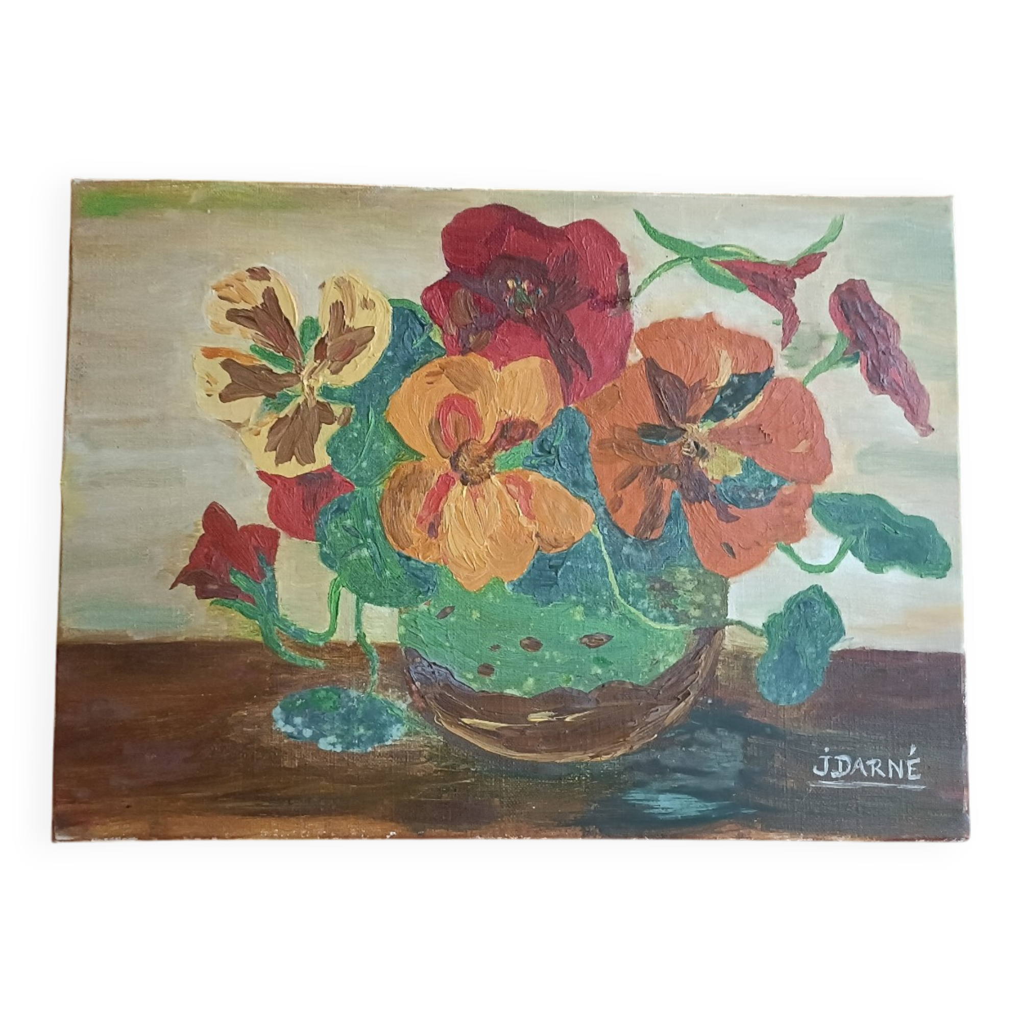 Canvas, cloth, bouquet of flowers, signature