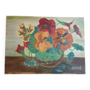 Tableau, toile, bouquet de fleurs, signature