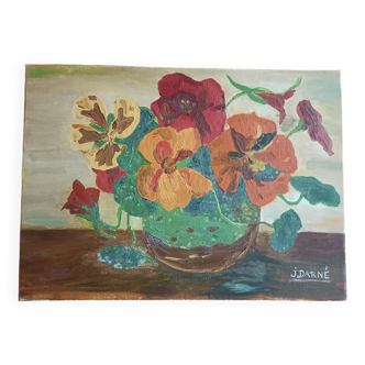Tableau, toile, bouquet de fleurs, signature