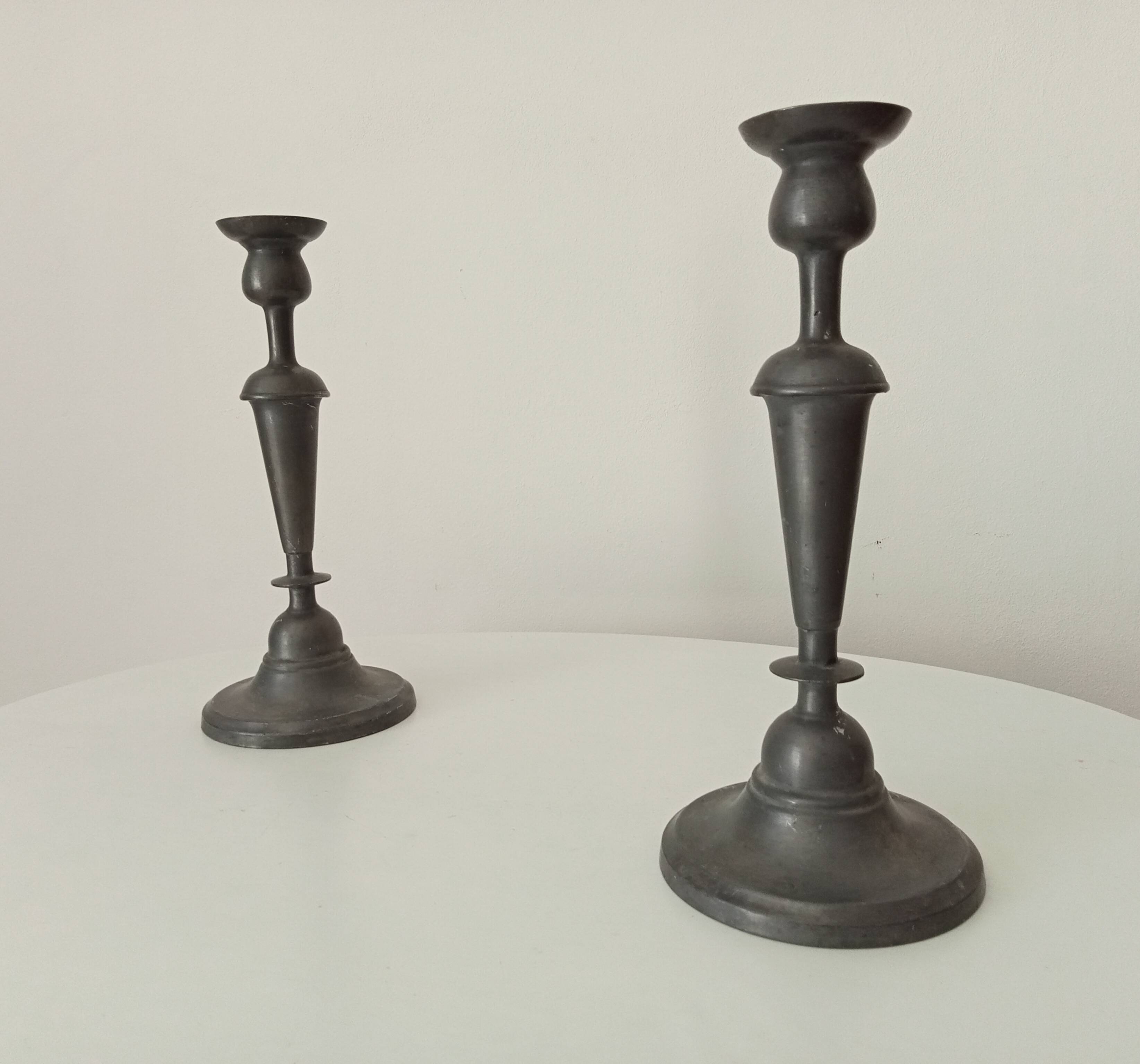 Pair of large old candlesticks in solid pewter