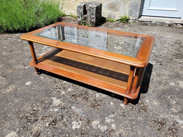 Table basse en merisier, verre et cannage