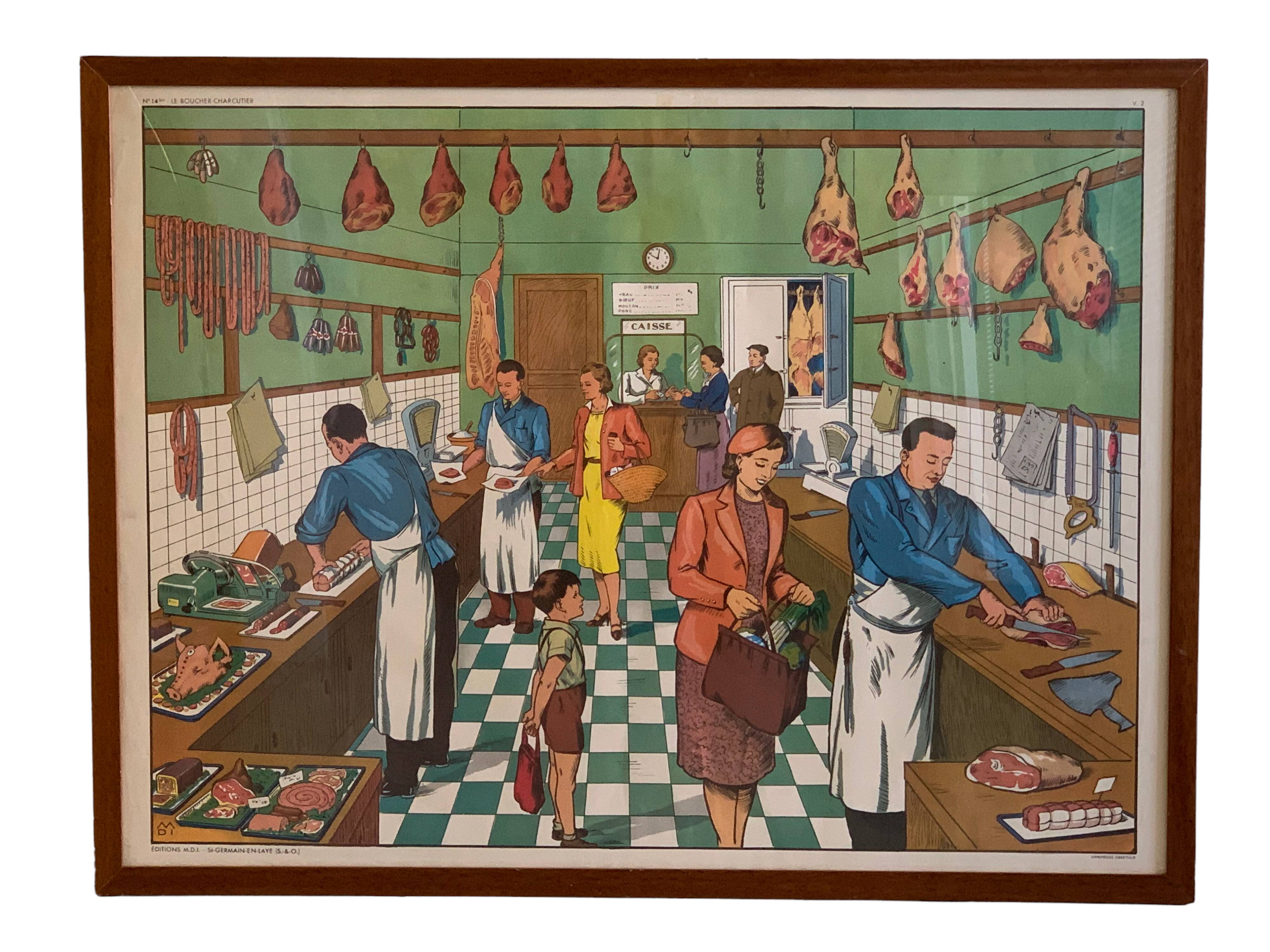 School poster 1960 framed double-sided n14bis The butcher charcutier- n 15 The garage